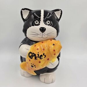 Cat Cookie Jar Holding Fish Montgomery Ward 10 1/4" Tall Black White Yellow
